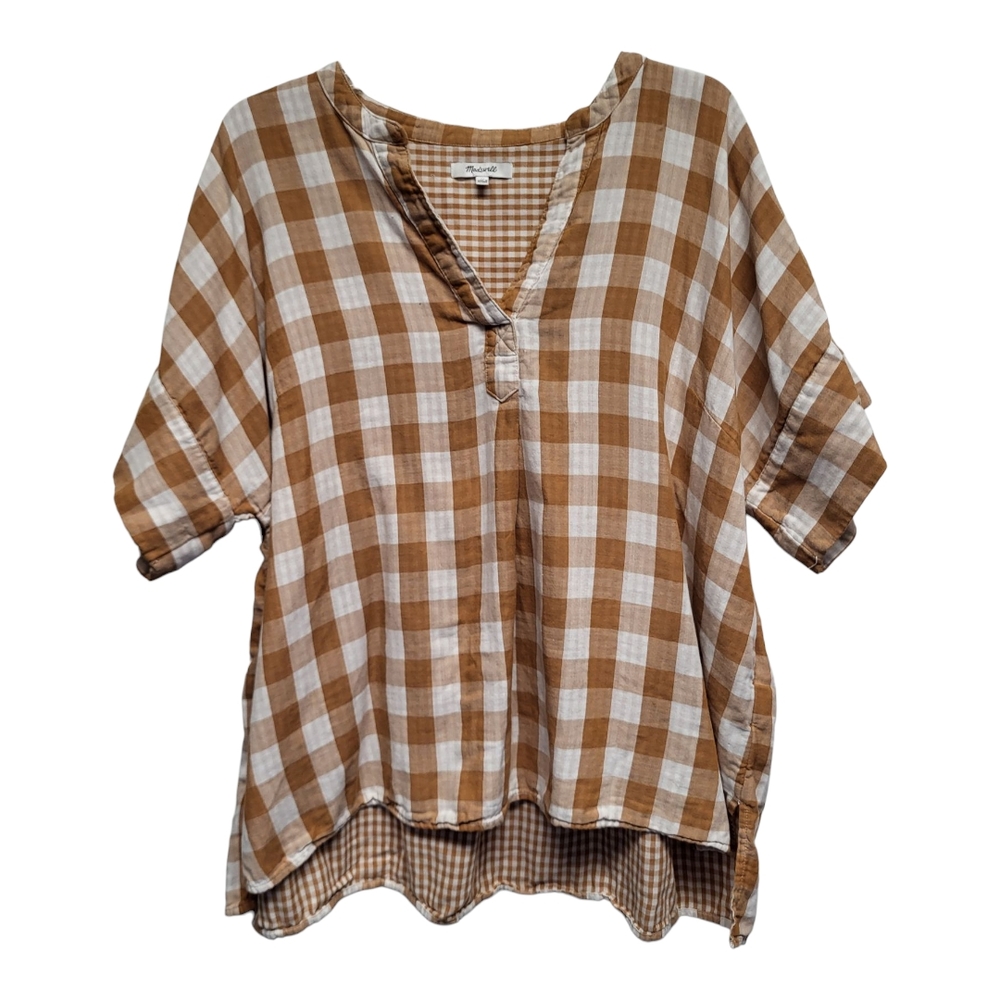 Madewell Orange and White Checkered Blouse with Mandarin Collar - Size 1X
